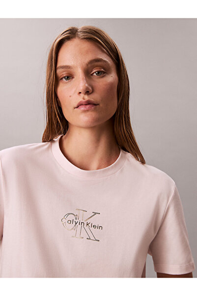 Calvin Klein Women's Regular Fit 100% Cotton Ck Logo Detailed Short Sleeve Pink T-Shirt Lv047D873G-Wfi