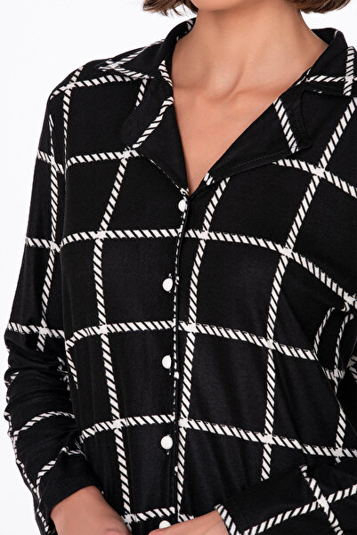 Kompedan Kadın Süet Önden Düğmeli Pijama Takımı | Beyaz Çizgili