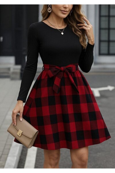 Modayakamoz Yeni Sezon Kadın Viskon Kumaş Ekose Alt Uzun Kollu Kısa Elbise