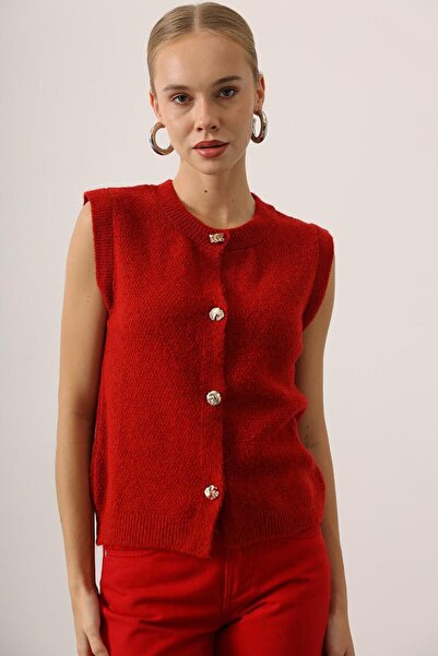 VAGGON Women's Red Crew Neck Buttoned Sleeveless Knit Blouse Vs01531