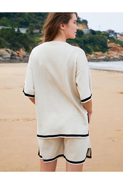 fulina Womens Knit Pajamas Set, 2 Piece Sweater Sets Short Sleeve Pullover Tops Loungewear, Size S, Apricot