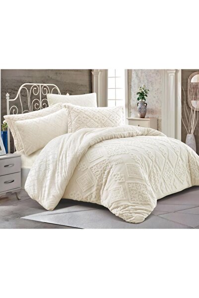 Alhabib bedding Remy Winter Double Cream Faux Fur Bedspread Set, 6 Pieces
