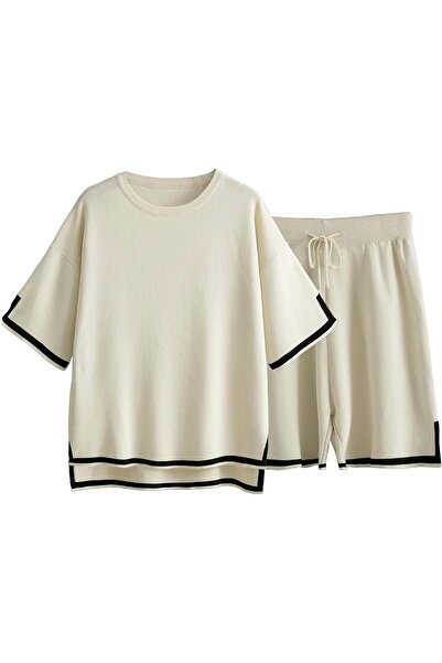 fulina Womens Knit Pajamas Set, 2 Piece Sweater Sets Short Sleeve Pullover Tops Loungewear, Size S, Apricot