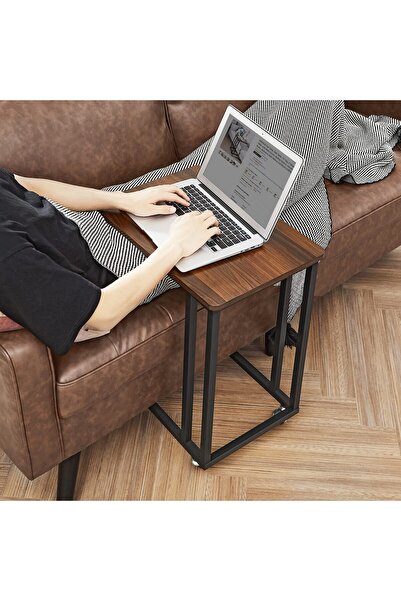 Enjoylifeme End Table Modern Coffee Table | C-Shaped Side Table with Wood Top and Black Metal Frame Casters