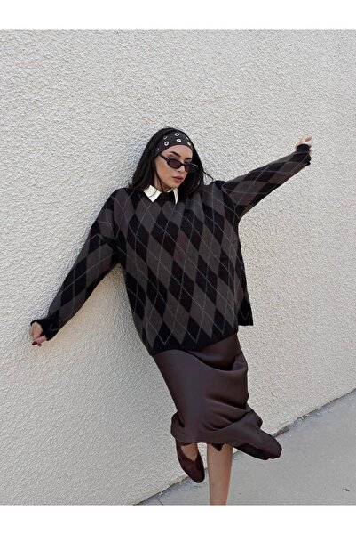 minaaise Дамски пуловер с карета, с набрани ръбове, в цвят горчив кафе 5581