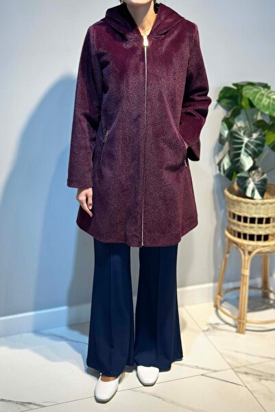 Lale Butik Large Size Zipper Detail Cap Jacket 2590 Plum