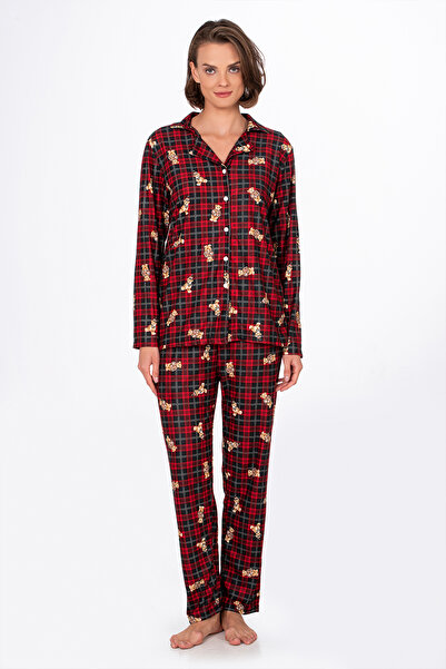 Kompedan Kadın Süet Önden Düğmeli Pijama Takımı | Ayıcık Desen