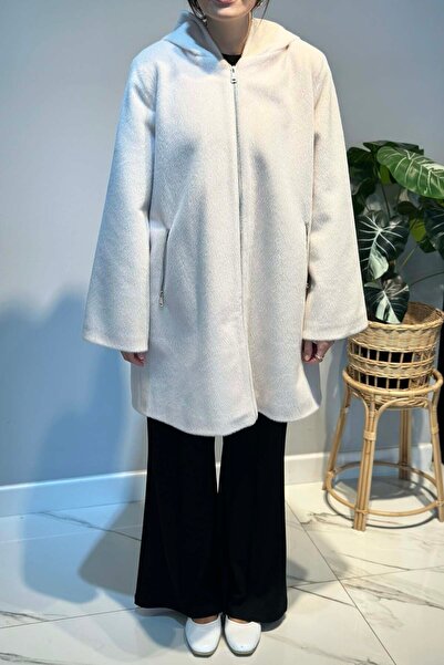 Lale Butik Large Size Zipper Detail Cap Jacket 2590 Ecru