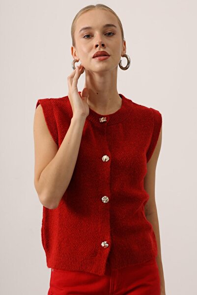 VAGGON Women's Red Crew Neck Buttoned Sleeveless Knit Blouse Vs01531