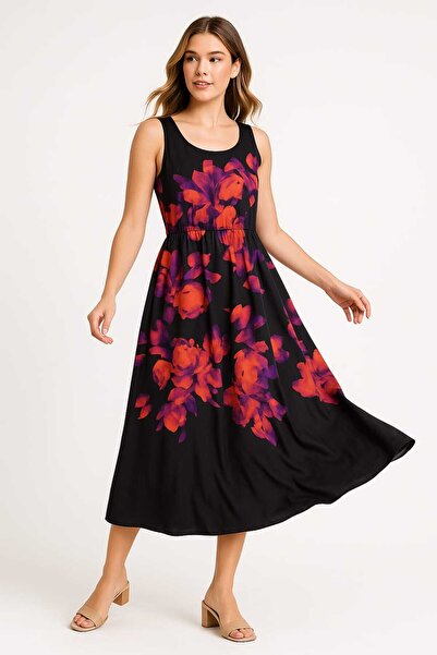 Şans Women's Plus Size Black, Floral Print Waist Elastic Detail Dress 65N39234