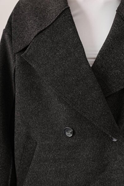 VAGGON Women's Anthracite Wide Collar Double Pocket Cashmere Jacket Vs01535