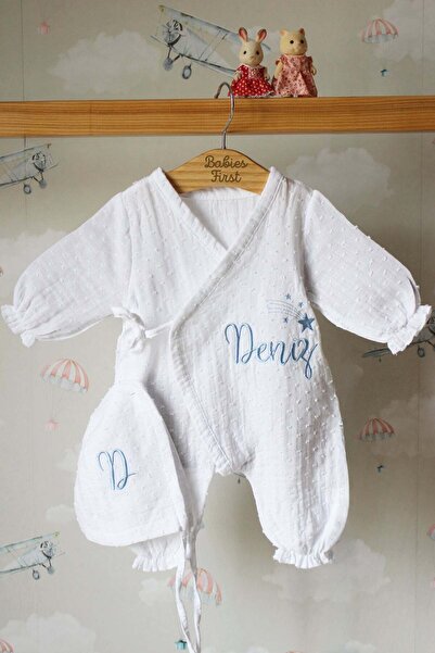 BabiesFirst Mavi İsme Özel 6'lı Müslin Yenidoğan Set %100 Pamuk Tulum Battani...
