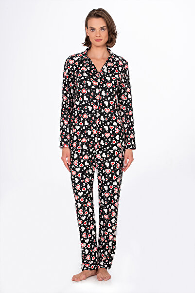 Kompedan Kadın Süet Önden Düğmeli Pijama Takımı | Kalpli