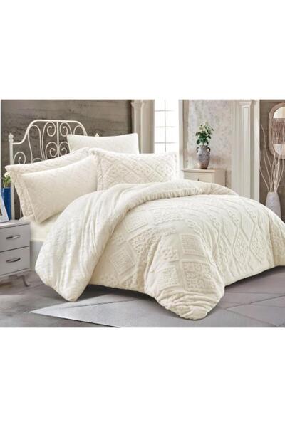Alhabib bedding Remy Winter Double Cream Faux Fur Bedspread Set, 6 Pieces