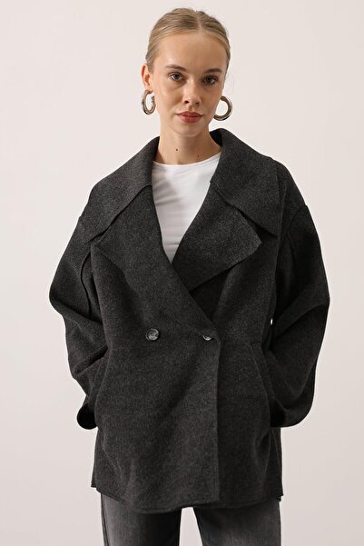 VAGGON Women's Anthracite Wide Collar Double Pocket Cashmere Jacket Vs01535