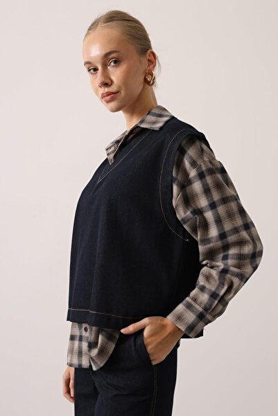 VAGGON Women's Navy Blue Shirt Detailed Blouse and Pocketed Palazzo Pants Denim Set Vs01534