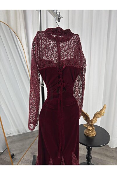 hind fashion Elegant winter evening dress in a burgundy color