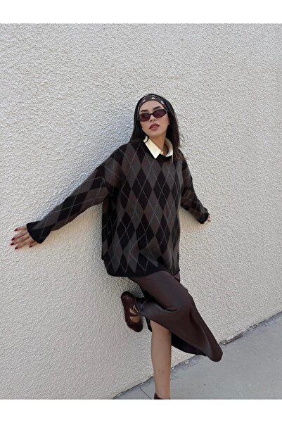 minaaise Дамски пуловер с карета, с набрани ръбове, в цвят горчив кафе 5581