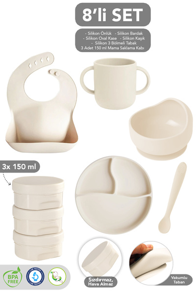 Meleni Baby 8'li Silikon Beslenme Seti - Mama Önlüğü Vakumlu Tabak Oval Kase Bardak Kaşık Atıştırma Kabı Bej
