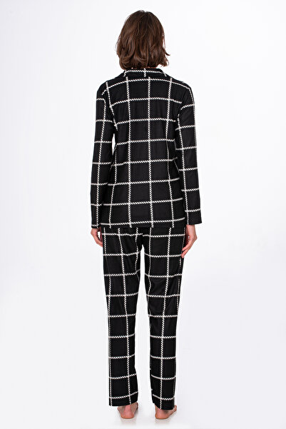 Kompedan Kadın Süet Önden Düğmeli Pijama Takımı | Beyaz Çizgili
