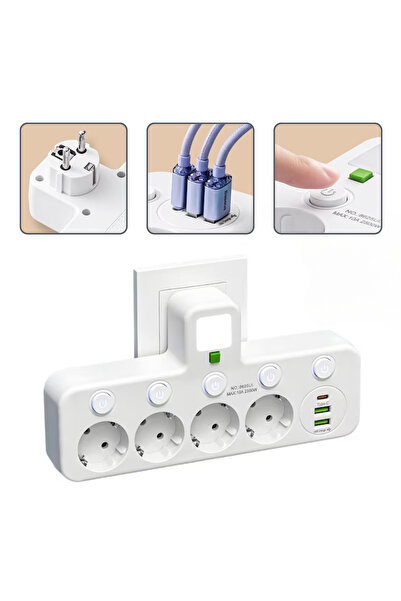 Staryon Bloc Multipriza / Priza Multipla 2500W Staryon®, 4 Prize Schuko + 2 Porturi USB-A + 1 Port USB-C