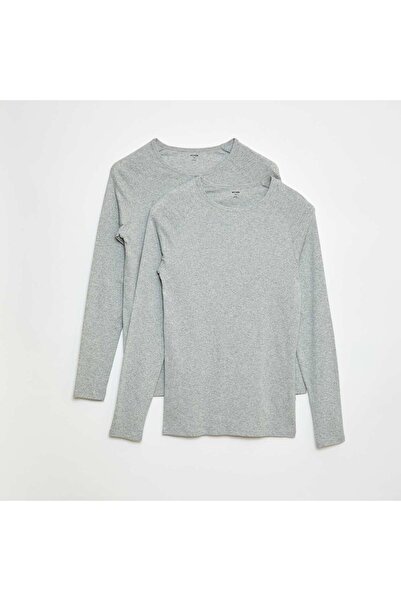 KİABİ تي شيرتات أساسية سادة بأكمام طويلة باللون الرمادي