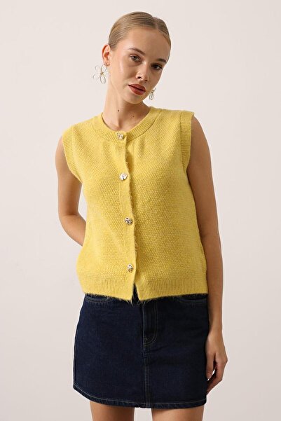 VAGGON Women's Yellow Crew Neck Buttoned Sleeveless Knitwear Blouse Vs01531