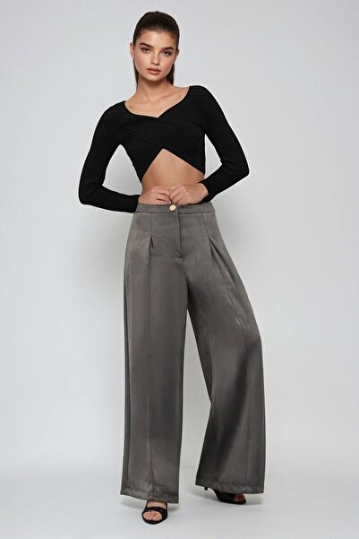 VAGGON Women's Anthracite Buttoned Pleated Palazzo Pants Vs01526