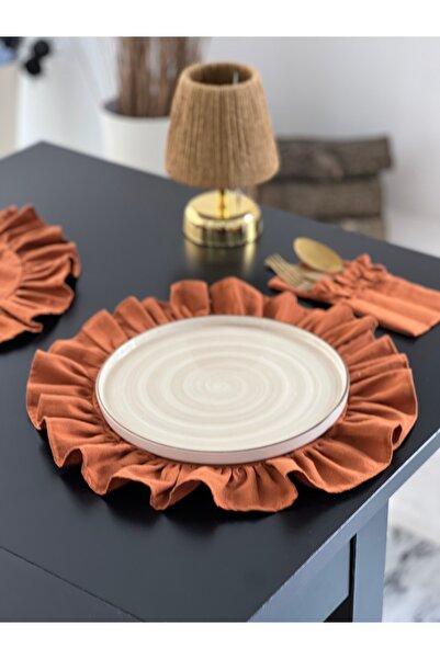 KaiAtelier 4Lü Terra Ham Keten Yuvarlak Fırfır Detaylı Amerikan Servis/ Supla Kiremit