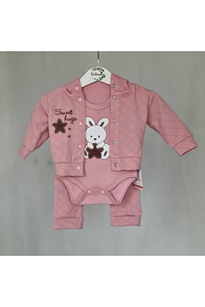 Victorino Set trei piese pentru bebeluși cu imprimeu de iepuri - roz