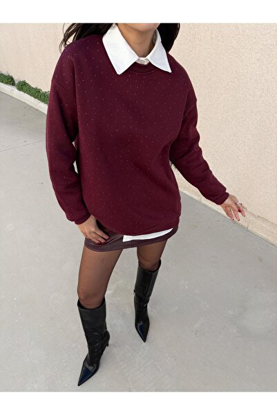 minaaise سويت شيرت نسائي باللون العنابي قصة فضفاضة 30067