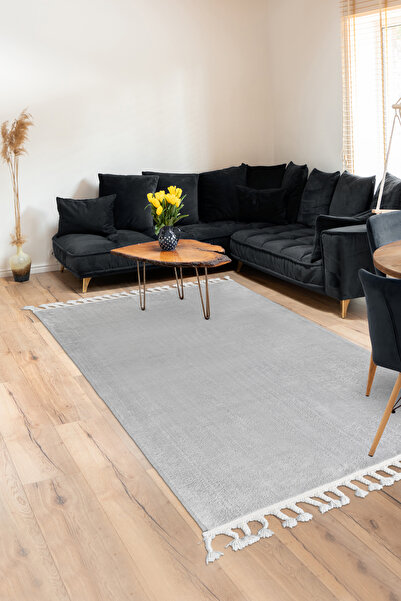 Dijidekor Plush Fringed Carpet Light Gray Color Erasable 160X200