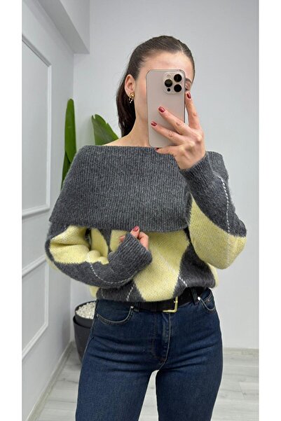 TUNAM BUTİK 5106 Diamond Patterned Soft Textured Madonna Knitwear Sweater Anthracite Yellow