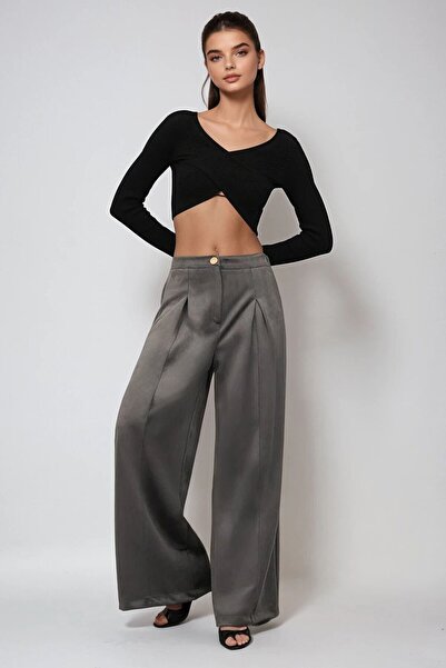 VAGGON Women's Anthracite Buttoned Pleated Palazzo Pants Vs01526