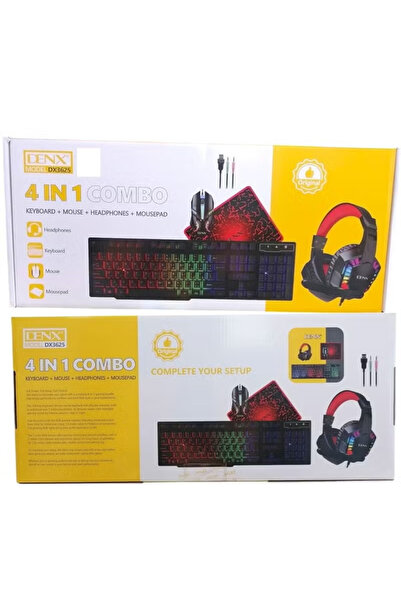 Denx Gaming keyboard, mouse, and headset set with colorful backlighting, comfortable stand, and high-precision mouse.