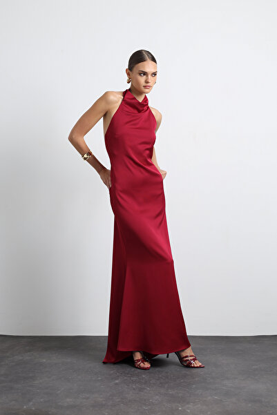 Mozto Halley Halter Neck Maxi Burgundy Satin Dress