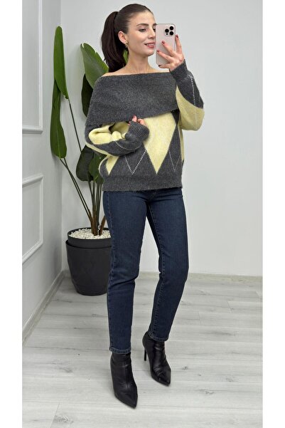 TUNAM BUTİK 5106 Diamond Patterned Soft Textured Madonna Knitwear Sweater Anthracite Yellow