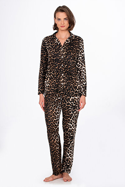 Kompedan Kadın Süet Önden Düğmeli Pijama Takımı | Leopar