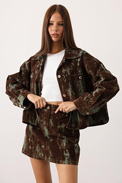 VAGGON Women's Green Patterned Suede Textured Jacket and Skirt Set Vs01536