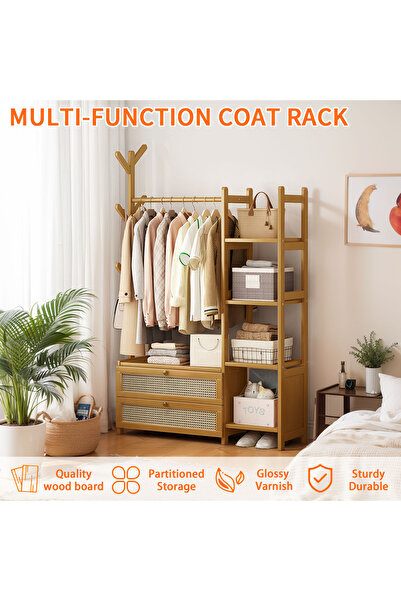 Sinyin Bamboo Coat Rack with Storage, Clothes Rack with Drawers & Shelves,Organizer for Bedroom