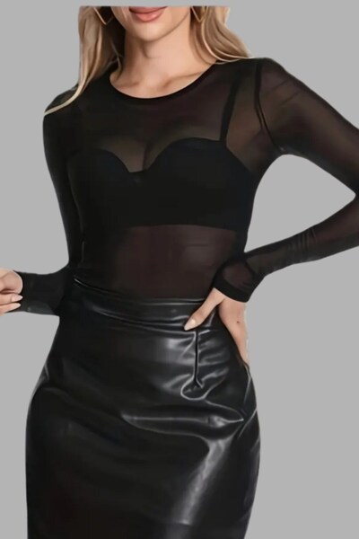 Seamoda Plus Size Transparent Stretch Fabric Tulle Long Sleeve Blouse-Black