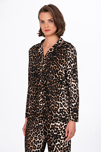 Kompedan Kadın Süet Önden Düğmeli Pijama Takımı | Leopar