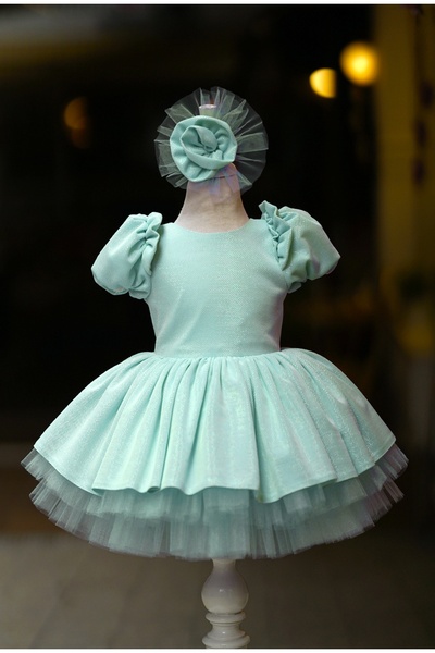 JBK فستان أطفال من قماش التوتور اللامع بأكمام قصيرة من شاين مينت مع مشبك