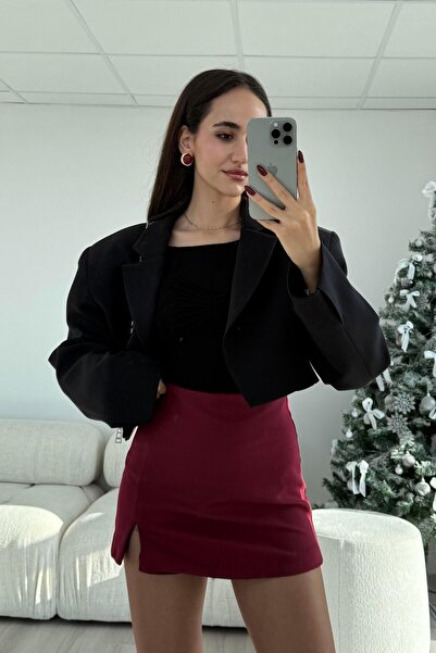 Nazliye Bordo Tek Yırtmaç Şort Etek