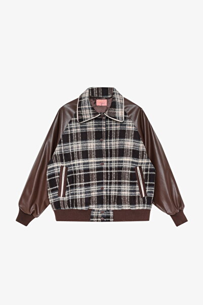 Quzu Шкіряна куртка-бомбер оверсайз з гантілі та картатим візерунком, коричнева