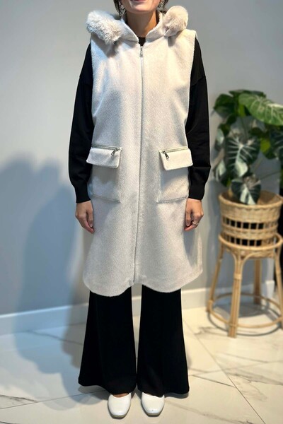 Lale Butik Plus Size Fur Detail Hooded Vest 2595 Ecru