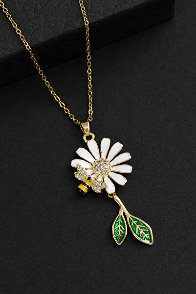 Parantez Aksesuar Bee Detailed Stone Daisy Steel Necklace