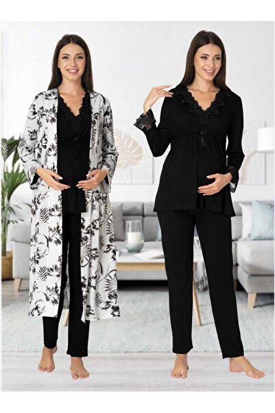 Lohusa Homewear Γυναικεία μαύρη δαντελένια μακρυμάνικη ρόμπα εγκυμοσύνης και ...