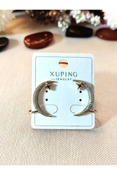 XUPING JEWELRY Ay Yıldız Model Zirkon Taşlı Çelik Küpe Modern Tasarım