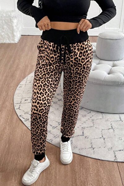 Mossta High Waist Lace-Up Two Thread Pants - Leopard
